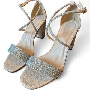 Paradox London Mackenzie Crystal Strap Block Heel Sandals Silver Formal Wedding